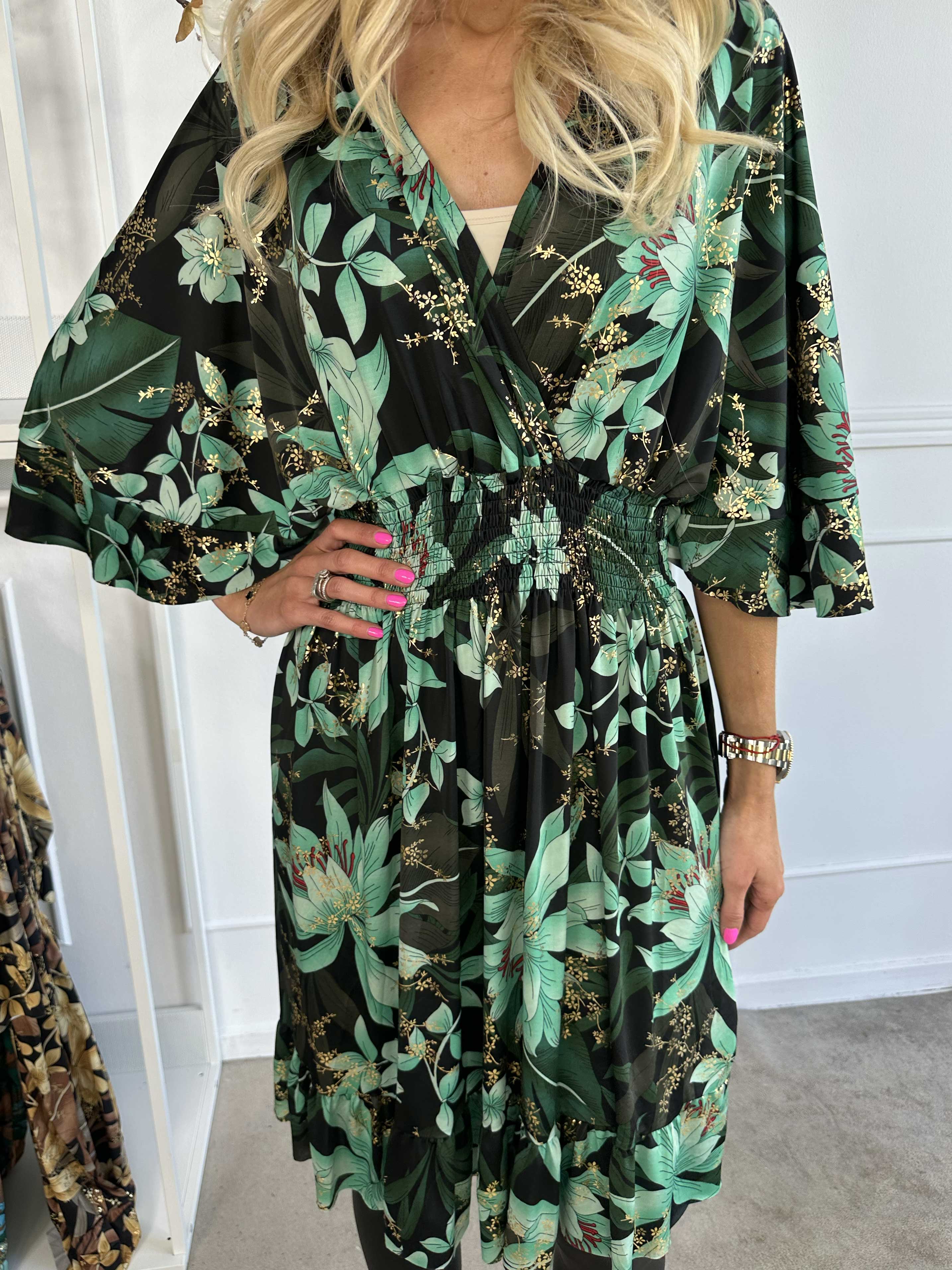 Pamela Gold Flower Short - Elastisk kjole med smock og flæser